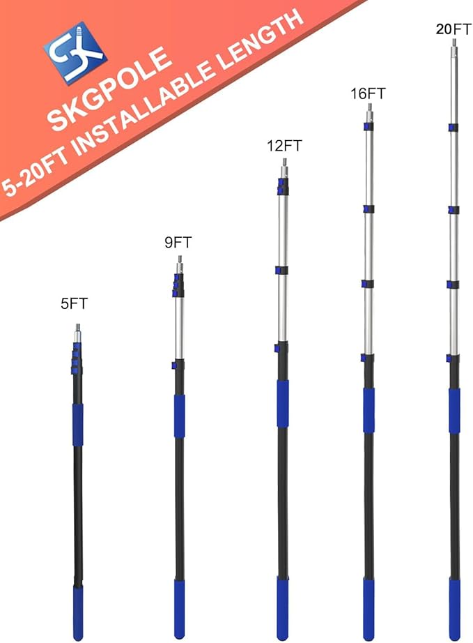 26FT Reach Telescopic Extension Pole, 5-19FT Multi-Purpose Extension Pole with Universal Twist-on Metal Tip, Sturdy Aluminum Paint Roller Extension Pole for Squeegee, Paint Roller, Duster