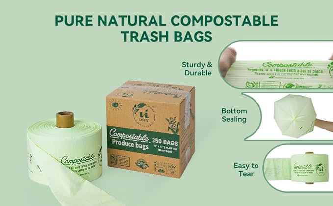 UNNI Compostable Produce Bags, 15"x17", 1400 Count, ASTM D6400, BPI, CMA & OK compost HOME Certified, For Farmers Markets, Grocery Stores & Sustainable Produce Storage, Rooted in San Francisco