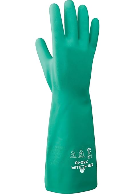 SHOWA 730 Chemical Resistant Gloves, 15-mil Nitrile with Cotton Flock Liner, 13-inch Extended Gauntlet, Bisque Grip, CE Cat III & Food Safe, Green, X-Small, 12-Pack