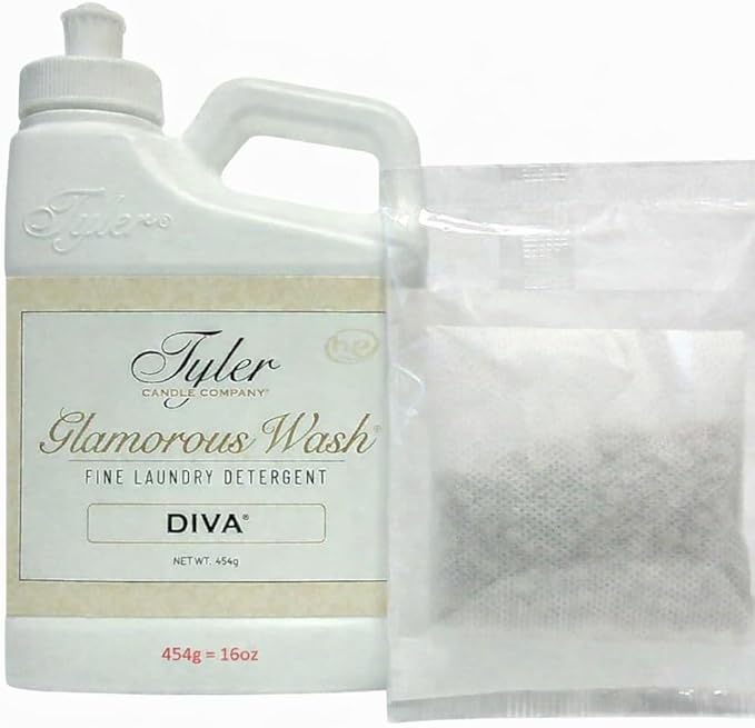 Tyler Candle Company Glam Wash Laundry Detergent, Diva 16 Fl Oz/with Glamorous Sachet Single Pouch, Pull and Pour Spill Proof Cap b