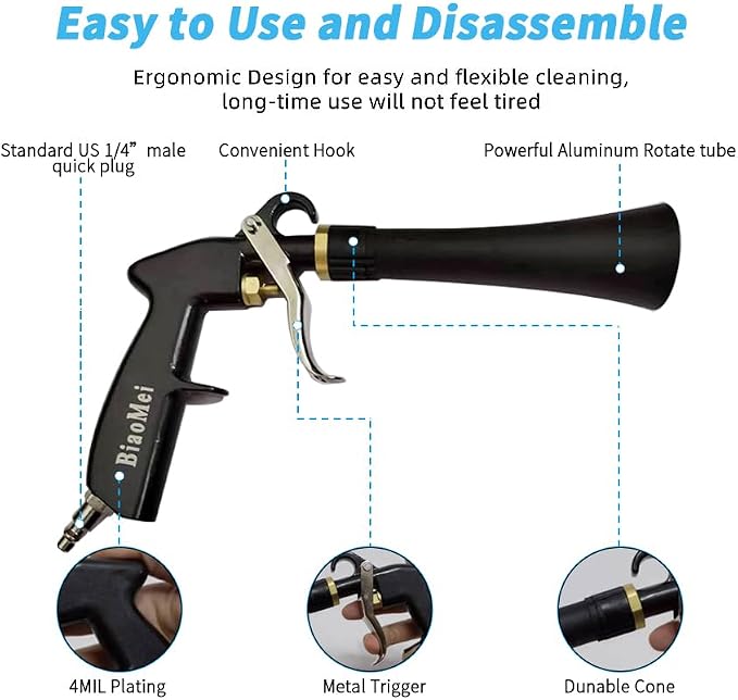 High Pressure Car Interior Spraying Washing Gun Automobile Detailing Cleaning Car Detailing Dry Washing Gun with Brush (New ugrade Aluminum Tube Rotate)