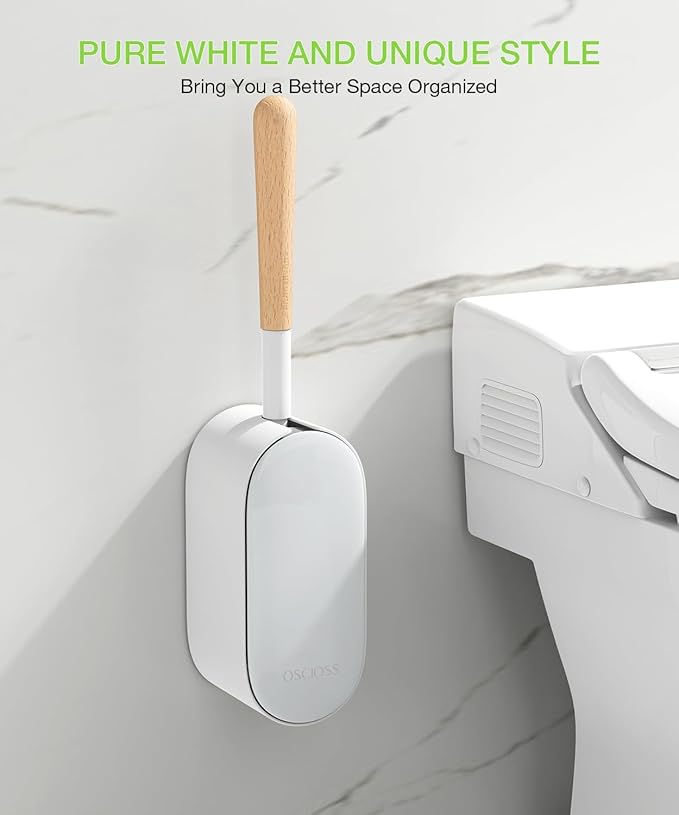 Wooden Toilet Brush, OSCIOSS Toilet Brush and Holder Set with Ergonomic Design, Compact Size, Durable Bristles, Bamboo RV Toilet Cleaner & Holder for Bathroom