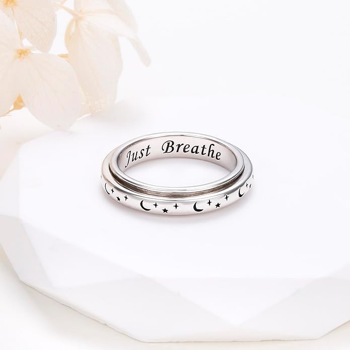 S925 Sterling Silver Spinner Fidget Anxiety Worry Relieving Boredom ADHD Autism Band Rings