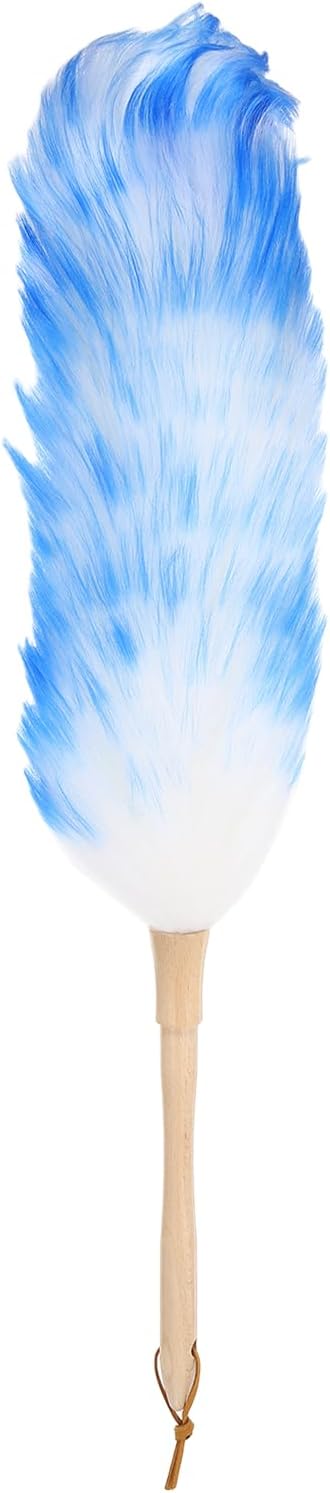 uxcell Wool Duster, 24.4" Natural Feather Cleaner Household Cleaning Duster with Solid Wooden Handle for Cleaning Fans Window Blinds Shelves Furniture, White Blue