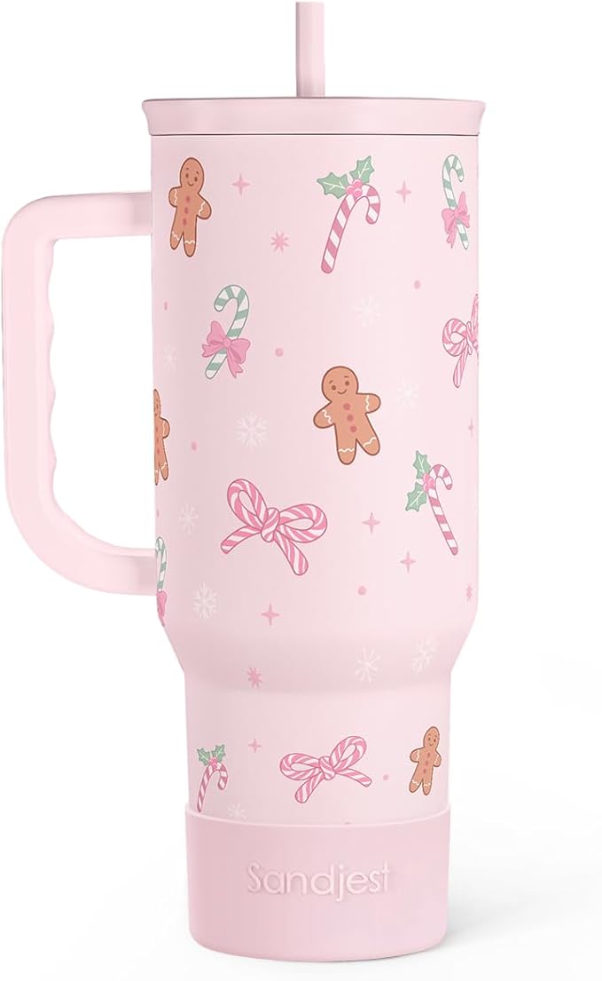 SANDJEST Christmas Theme 40oz Slider Tumbler with Handle and Straw - Insulated Stainless Steel Travel Coffee Mug for Women Girls, Gift for Birthday Xmas