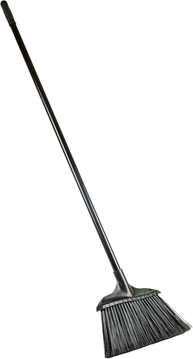 Restaurantware-Clean Tek Professional 13.78 Inch Heavy-Duty Broom, 1 Angle Broom with 58” Steel Handle - Flagged Bristles, Durable Wooden, Commercial Use, for Deck, Driveway, Garage, Yard, Patio