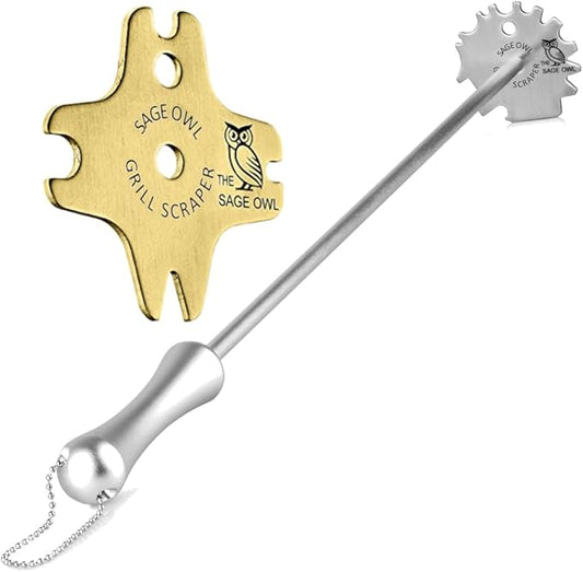 Sage Owl Bristle-Free Stainless Steel BBQ Grill Scraper with Handle Combo- Safe Portable Brass Grill Cleaner for Outdoor, Porcelain and Charcoal Grills – Gift for Men Who Have Everything
