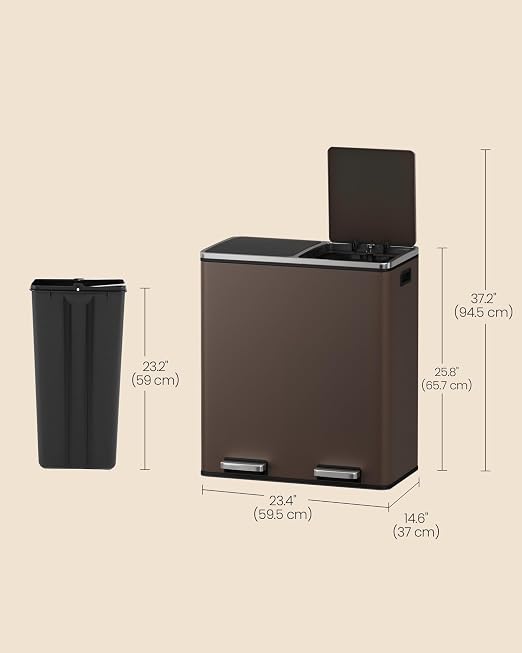 SONGMICS HOME Trash Can with 2 Compartments for Kitchen, Garbage Can with 15 Trash Bags, Brown