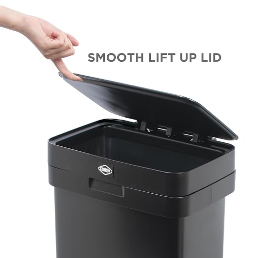 Clorox 13 Gallon Trash Can - 50L Kitchen Trash Can with Wide Step Pedal - Rectangular Black Stainless Garbage Bin with Hinged Rim and Odor Protection