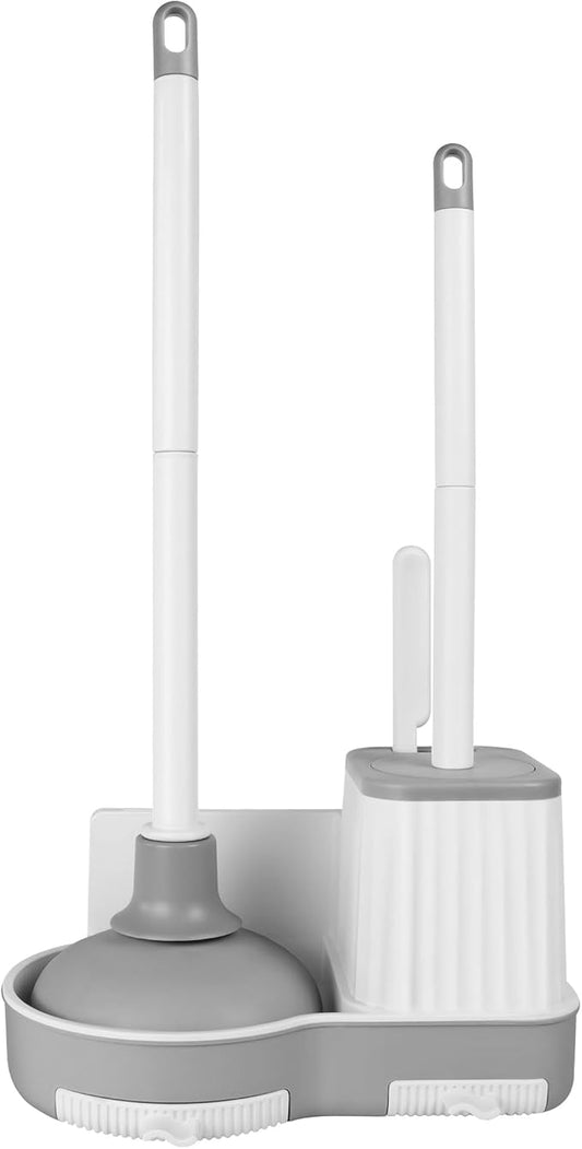 Silkyhose Toilet Brush and Plunger, 3 in 1 Toilet Bowl Brush and Holder with Crevice Cleaning Brush Wall Mounted Household Bathroom Cleaning Tools Combo Set(White-Gray)