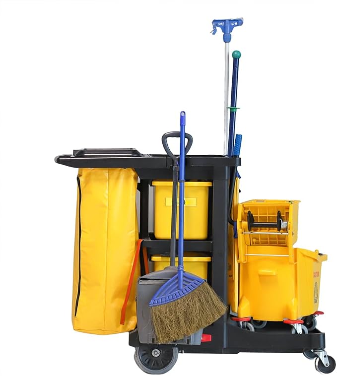 RW Clean Black Plastic Heavy-Duty Janitor Cart - 3 Shelves, 20 gal Nylon Bag, Hinged Lid - 44 1/4" x 20" x 37 3/4" - 1 count box