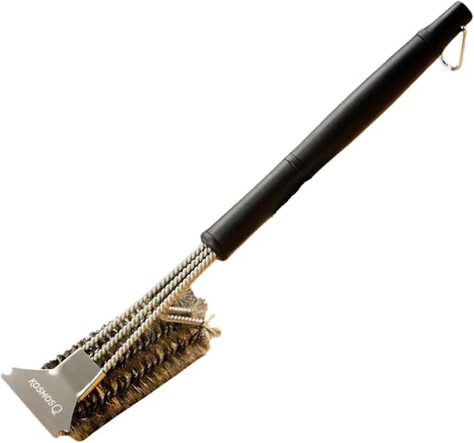 Kosmos Q Grill Brush with Scraper, for Him, Heavy Duty BBQ Grill Cleaning Brush for Gas, Charcoal, Pellet & Smoker Grills, Grill Grate Cleaner Tool for Cooking & Barbecue Accessories