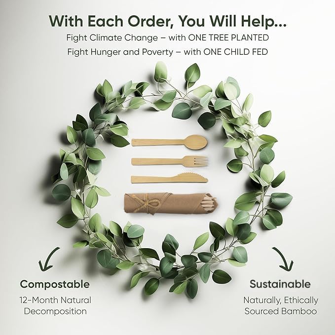 EcoPreps Premium Pre Rolled Brown Paper Napkin and Bamboo Cutlery Set (50 Pack, 200 PCS) 100% Biodegradable, Disposable Wrapped Disposable Silverware Cutlery - Pre-Wrapped Bamboo Forks, Knives, Spoons