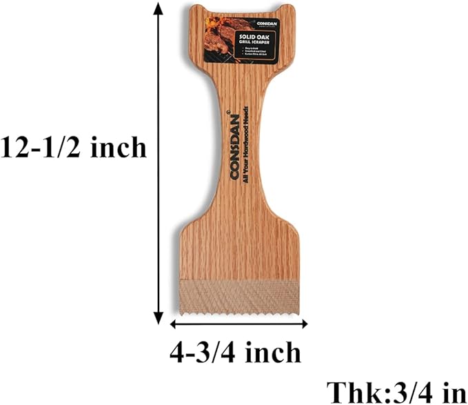 CONSDAN Wood Grill Scraper, Soild Oak Wooden Grill Brush, Grill Scraper for Outdoor Grill, Bristle Free Grill Scrapers, Grill Grate Cleaner Safe Wood Grill Brusher
