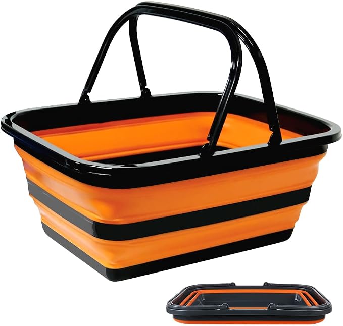 Monozuki Collapsible Sink 4.8Gal/18.1L, Heavy Duty Foldable Basin with Handles for Camping, Car Wash, Kitchen – Also Use as Storage Basket for Home, Garage, RV(Orange)