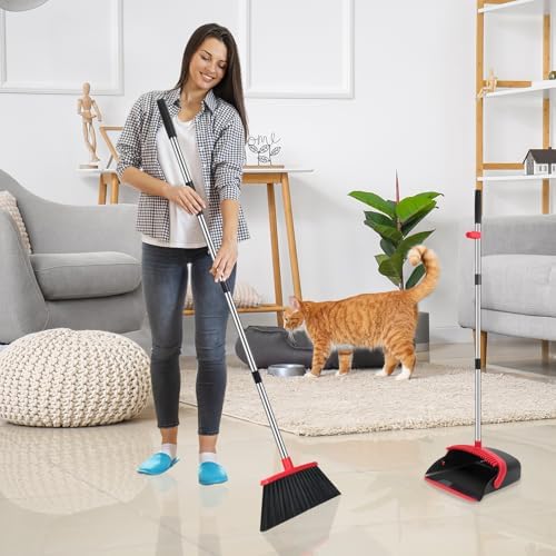 NACENA Broom and Dustpan Set & No Drill Self Adhesive Broom Mop Holder Wall Mount with Hooks 52-in Long Adjustable Handle Broom Dustpan Combo