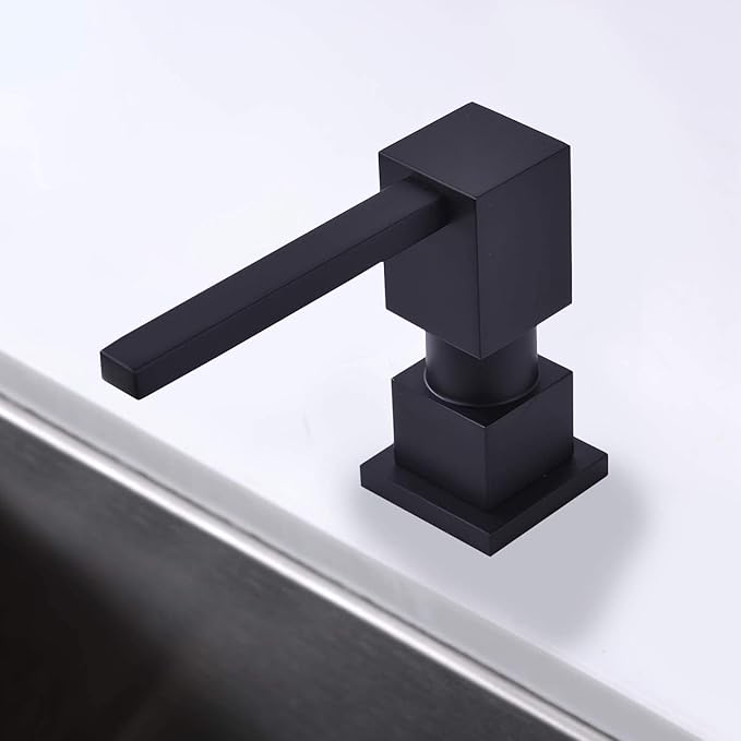 Built in Sink Soap Dispenser or Lotion Dispenser for Kitchen Sink, Matte Black Brass Square Pump Head, with 11 Ounce PET Soap Bottle
