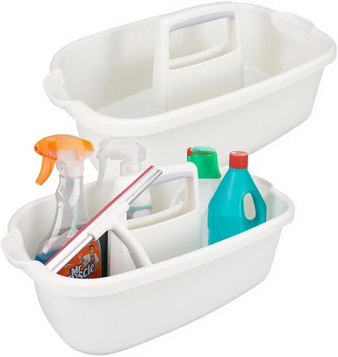 2 Pack Cleaning Supply Caddy with Handle, Portable Shower Caddy Organizer Plastic Basket with Handle, Stackable Tool Storage for Bathroom, Garden, Kitchen, Home Organization, White