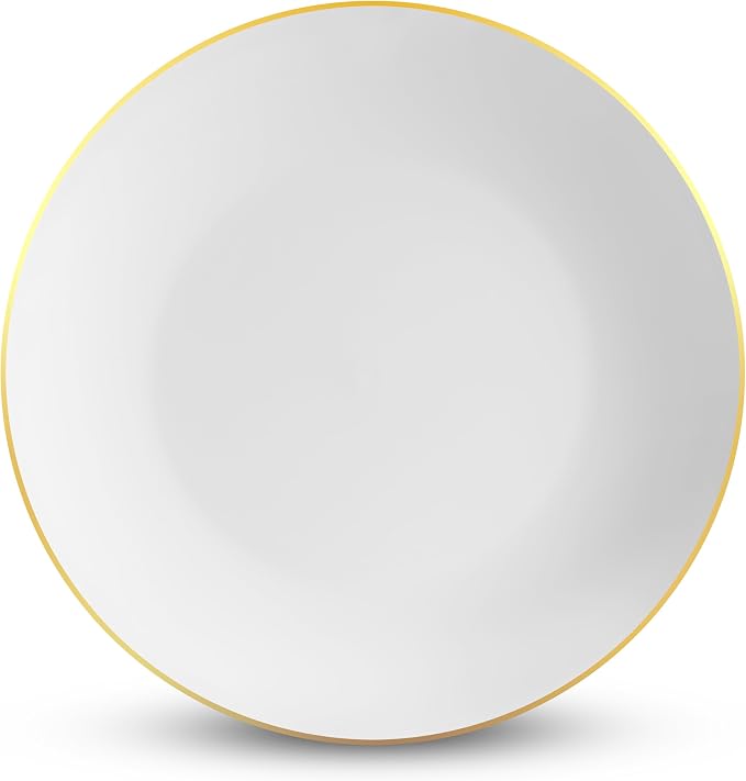 Munfix 100 Gold Plastic Plates Set, 10.25 Inch Disposable Dinner Plates, Elegant Fancy Heavy Duty for Party, Wedding, White with Gold Rim