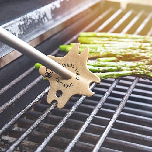 Sage Owl Bristle-Free Brass BBQ Grill Scraper with 17.5” Handle – Safe Grill Cleaner for Outdoor Grills, Porcelain, Cooking Gadgets, Barbecue Grilling Tools and Accessories - Gifts for Boyfriend