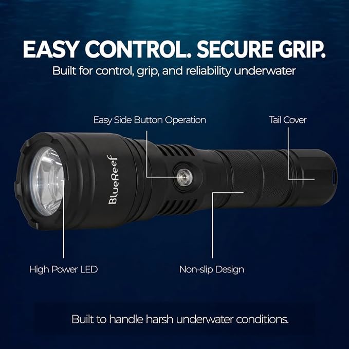 Blue Reef Zoomable 3000 Lumens Scuba Dive Light, 11–73° Adjustable Beam, 4Hr Runtime / 90 Min at Full 3000LM Output – USB-C Rechargeable, 100m Waterproof Diving Flashlight for Scuba & Night Diving