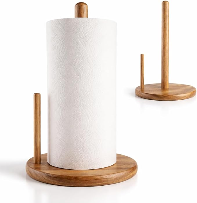 Jumbo Acacia Wood Paper Towel Holder – Large 8.27" Diameter Non-Slip Base, Countertop Wooden Paper Towel Holder for Kitchen, Dining, Coffee Bar, Thick & Stable, Easy Assembly, Natural Wood Finish