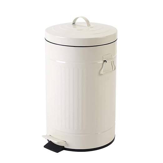 White Trash Can with Lid, Bathroom Bedroom Waste Basket Soft Close, Small White Garbage Can, Retro Vintage Home Office Trash Can, 12 Liter/3 Gallon, Glossy Cream White