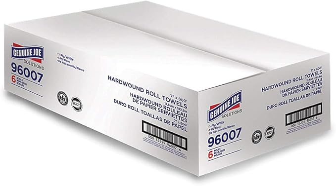 Genuine Joe Hardwound Roll Towels, White, 7" x 600', 6 Count