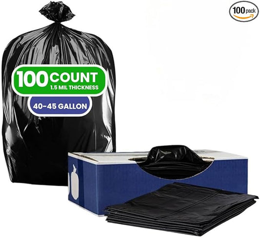 Plasticplace Heavy Duty Trash Bags, 40-45 Gallon, Black, Industrial Strength, Tear-Resistant, Leak-Proof, Large Garbage Bags for Yard, Construction, Lawn, 100 Count 1.5 Mil, 40"x46"