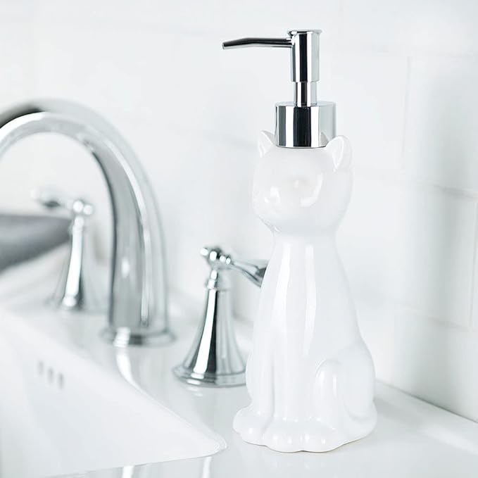 Allure Home Creation Cat 3-Piece White Ceramic Toilet Brush Holder w/White Plastic Handled Scrub Brush & Soap Dispenser