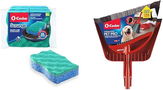 O-Cedar Scrunge Multi-Use (Pack of 6) Non-Scratch, Odor-Resistant All-Purpose Scrubbing Sponge & Pet Pro Broom & Step-On Dustpan PowerCorner, Red