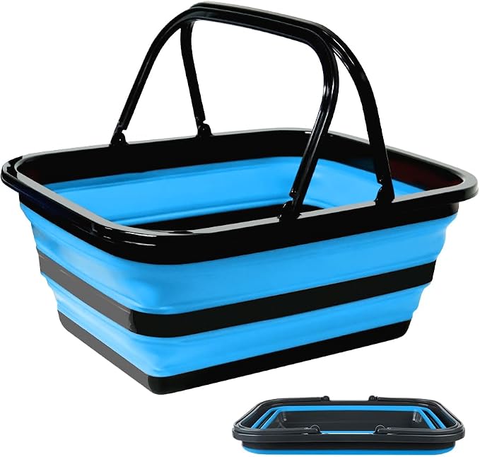 Monozuki Collapsible Sink 4.8Gal/18.1L, Heavy Duty Foldable Basin with Handles for Camping, Car Wash, Kitchen – Also Use as Storage Basket for Home, Garage, RV(Blue)