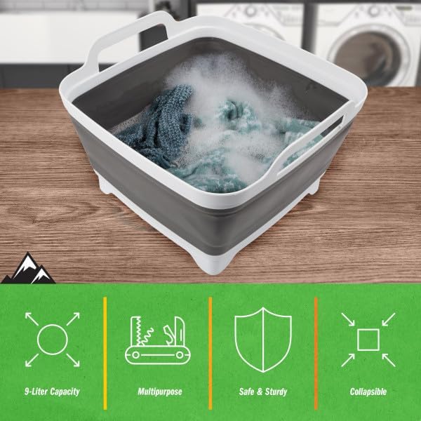 Collapsible Wash Basin - 9L Portable Sink with Drain - Plastic Tub Dish Pan for Camping, Handwashing Laundry, or Dishes by Wakeman Outdoors (Gray)