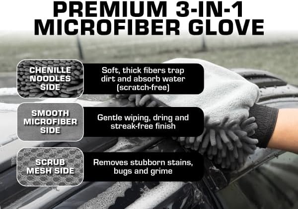 Premium 3-in-1 Car Wash Mitt Scratch Free, Cleaning Mitt, Microfiber Wash Mitts for Car Washing, Drying, and Scrubbing (2-Pack)