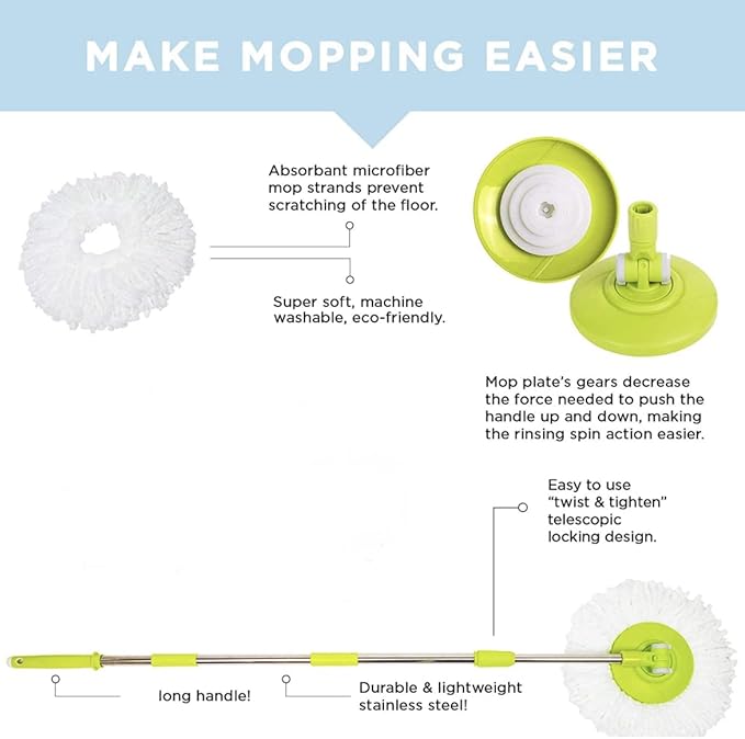 Deluxe Stainless Steel Rolling Spin Mop System with Replacement Microfiber Mop Heads – Walkable with Wheels - Suits All Floor Types - Multipurpose Home Use