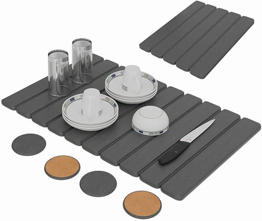 Stone Dish Drying Mat For Kitchen Counter - Fast-Drying 24"(L)×16"(W) Collapsable Diatomaceous Mat With Four Matching Stone Coasters - Versatile Stone Drying Mat for Cups, Dishes, Bottles