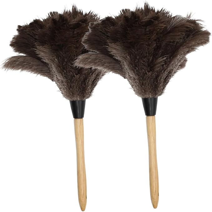 Ostrich Feather Duster with Wooden Handle 14" – Natural Reusable Feather Duster for Cleaning, Furniture & Shelves, Blinds, Ceiling Fan, Dusting Tool for Home, Office, Delicate Surfaces - 2 Pack