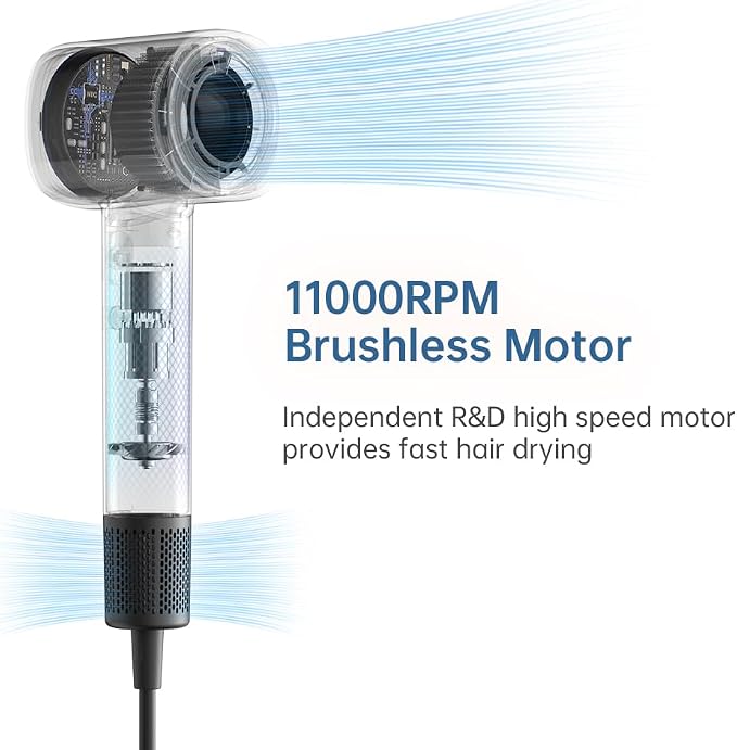 Professional Travel Hair Dryer, 110000RPM Brushless Motor Quiet 49dB, 200 Millon Negative Ion 0.83lbs Lightweight Blow Dryer, UL Certified Fast Drying with Magnetic Nozzle