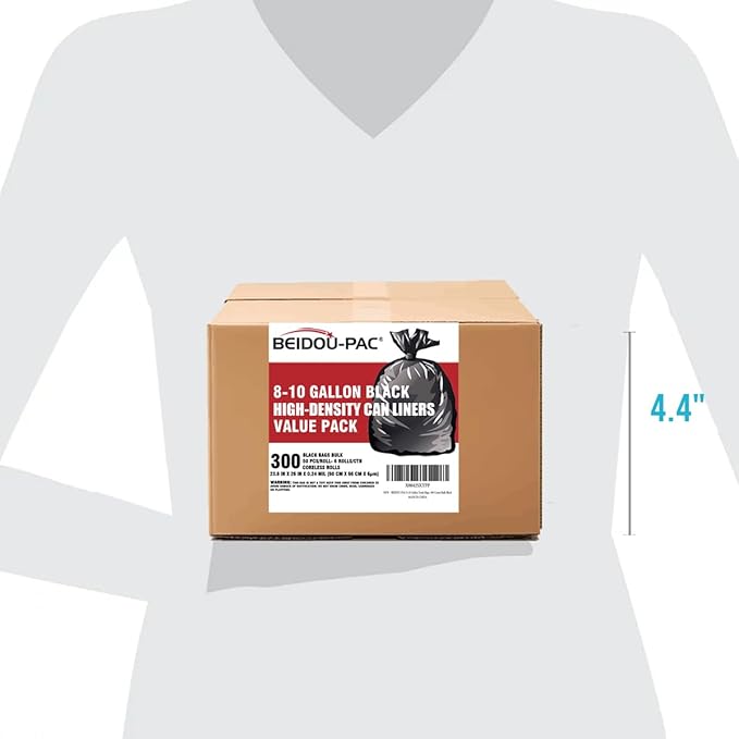 BEIDOU-PAC 8-10 Gallon Trash Bags, 300 Count Black Garbage bags, Multi-purpose Trash Can Bin Liners for Bathroom, Office, Industrial, Commercial, Janitorial, Municipal, Recycling