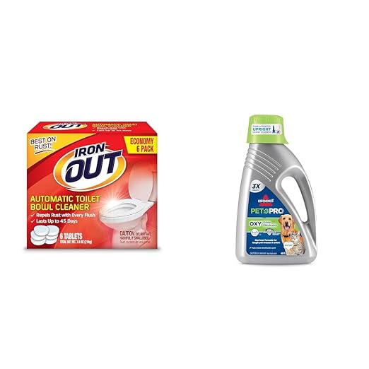 Iron OUT Automatic Toilet Bowl Cleaner, Repel Rust and Hard Water Stains with Every Flush & Bissell Professional Pet Urine Elimator with Oxy and Febreze Carpet Cleaner Shampoo 48 Ounce