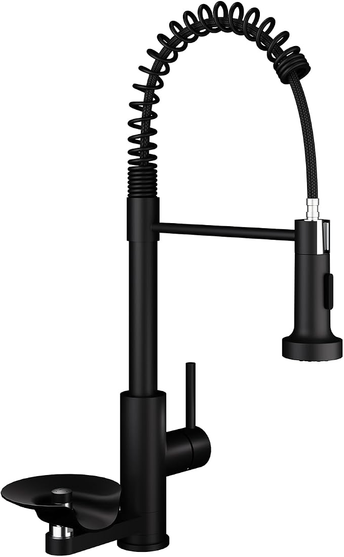 Kitchen Sink Pull Down Faucet with Cup Washer Single Handle Commercial Industrial Pull Out Spring Faucets with Glass Rinser fit 1 or 3 Hole for Farmhouse Camper Laundry Utility RV Wet Bar Matte Black