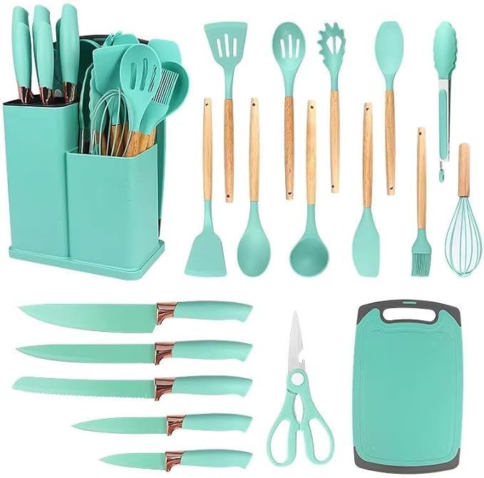Kitchen Utensil Set 19-Piece – Heat Resistant Silicone Cooking Utensils with Stainless Steel Handles, Nonstick Cookware Safe Dark Green