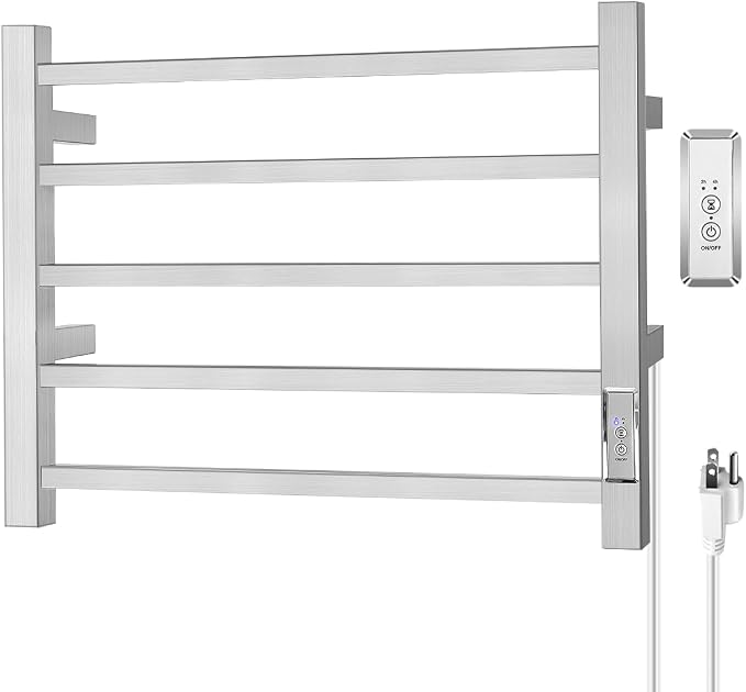 Towel Warmer Rack, Heated Towel Racks for Bathroom Wall Mounted 5 Bar Stainless Steel Warmers Rack, Plug-in, Built-in Timer, Fast Heating, Brushed Nickel