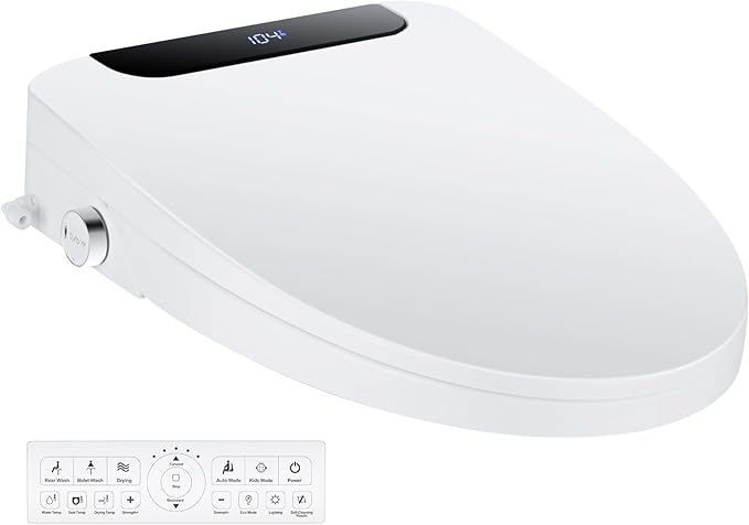 Bidet Toilet Seat, Elongated, Electric, Warm Water, Air Dryer, Heated Seat and Slow Close Lid, Front and Rear Wash, Night light, Wireless Remote, 102 (Elongated)