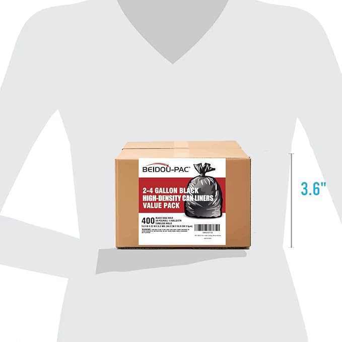 BEIDOU-PAC 2-4 Gallon Trash Bags, 400 Count Black Garbage bags, Small Trash Can Bin Liners for Bathroom, Office, Industrial, Commercial, Janitorial, Municipal, Recycling