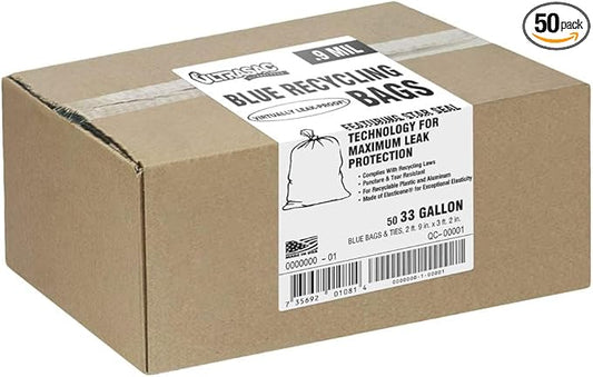 Ultrasac - Recycling Bag, 33 Gallon, .9 Mil, 33"x38", Translucent Blue, 50 Count w/Ties