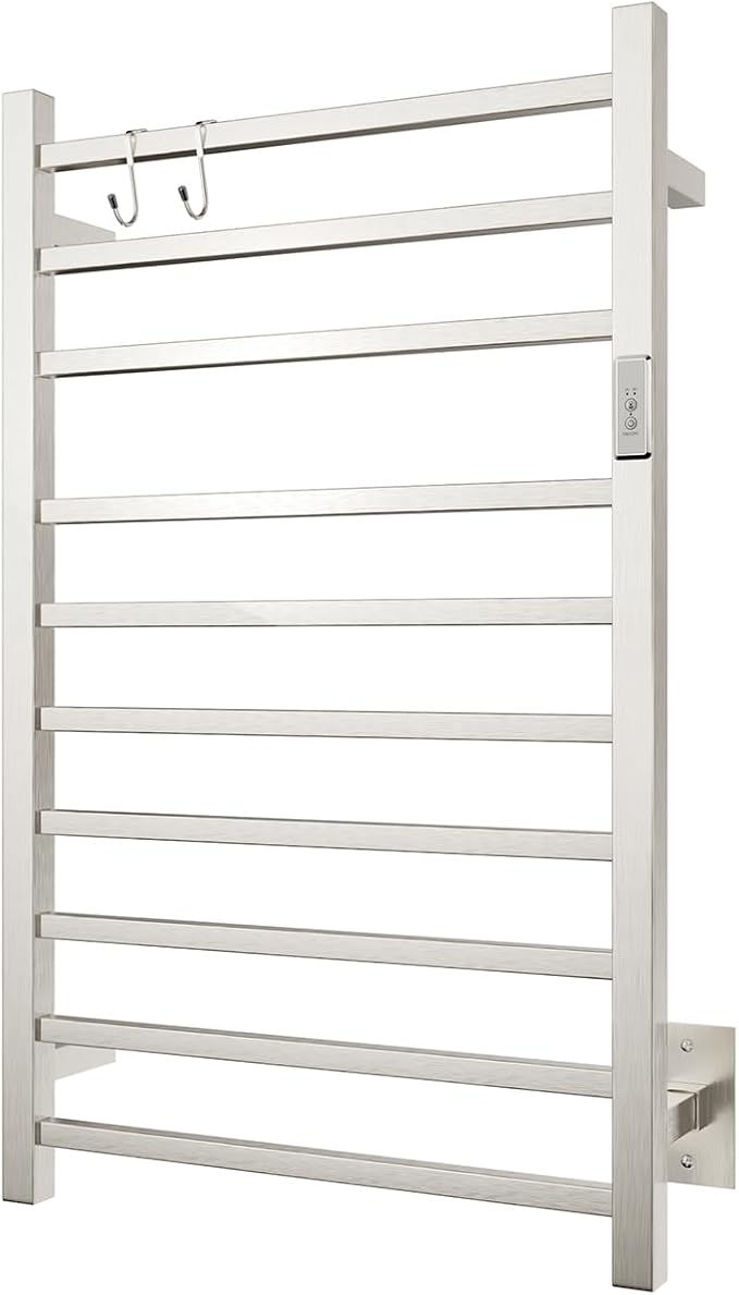 Wall Mounted Towel Warmer Square 10 Bars with Plug-in and Hardwired Options 3 Working Modes Brushed Stainless Steel 21" W 34" H