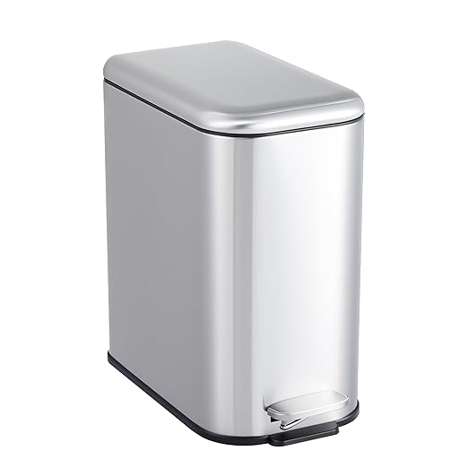 GlowSol Bathroom Trash Can with Lid, 1.3 Gallon 12 L Stainless Steel Step Trash Can with Removable Liner Bucket, Slim Small Wastebasket for Toilet Bedroom Office, Silver