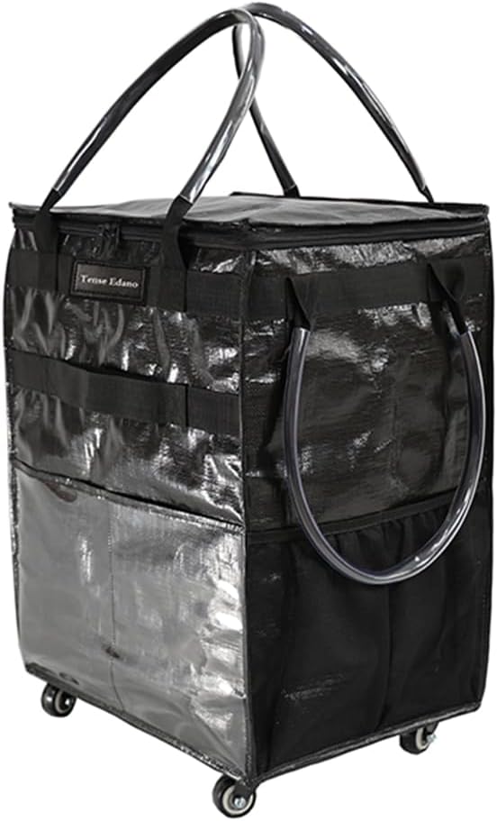 Reusable Grocery Bag On Wheels Large Capacity Shopping Trolley Foldable Rolling Tote with Outside Pocket, Heavy Duty Handle (Black, Large)