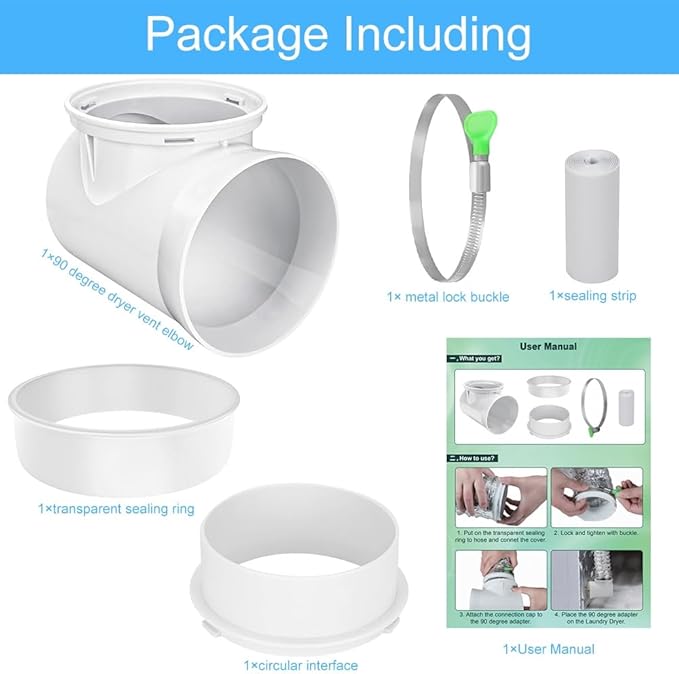 Picowe Dryer Connection Kit, 90 Degree Dryer Vent Elbow Dryer Vent Connector Kit for 4 Inch Dryer Hose in Confined Space